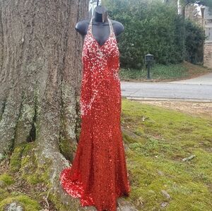 Elegant Red Sequin Halter Dress